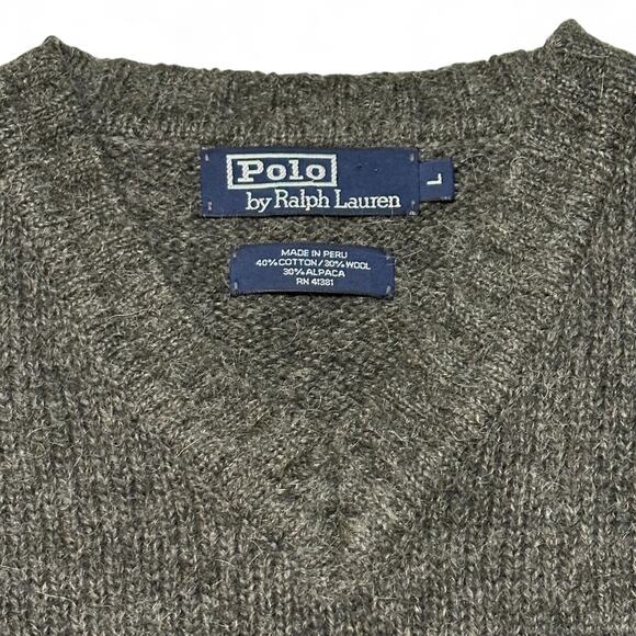 Polo Ralph Lauren Sweater Sz L Gray Cotton Wool Alpaca V Neck Suede Patches Y2K - Picture 3 of 8